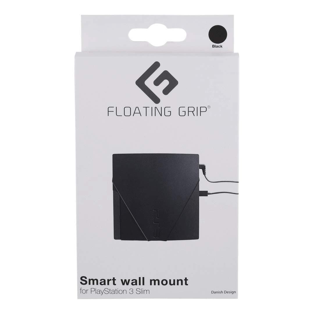 FLOATING GRIP® Wall Mount for PlayStation 3 Slim (PS3 Slim). Color: BLACK. 1x Wall Mount for PlayStation 3 Slim (PS3 Slim). Storage PS3 Slim on the wall right next to your TV or hide it behind.