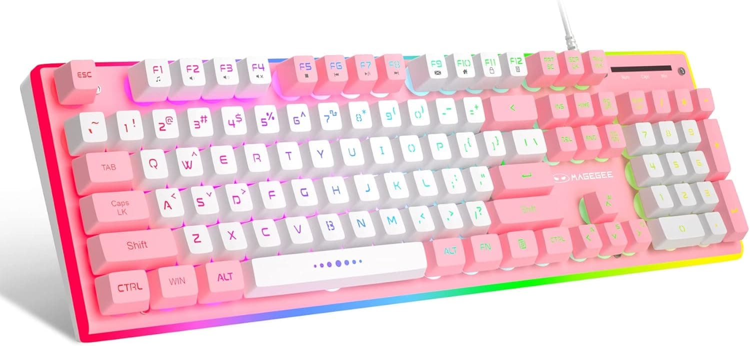 Camiysn Gaming Keyboard, Silent Ergonomic Waterproof RGB Backlit Anti-ghosting Keyboard Mechanical Feeling Keyboard with Multimedia Keys for PC Gamer, Pink