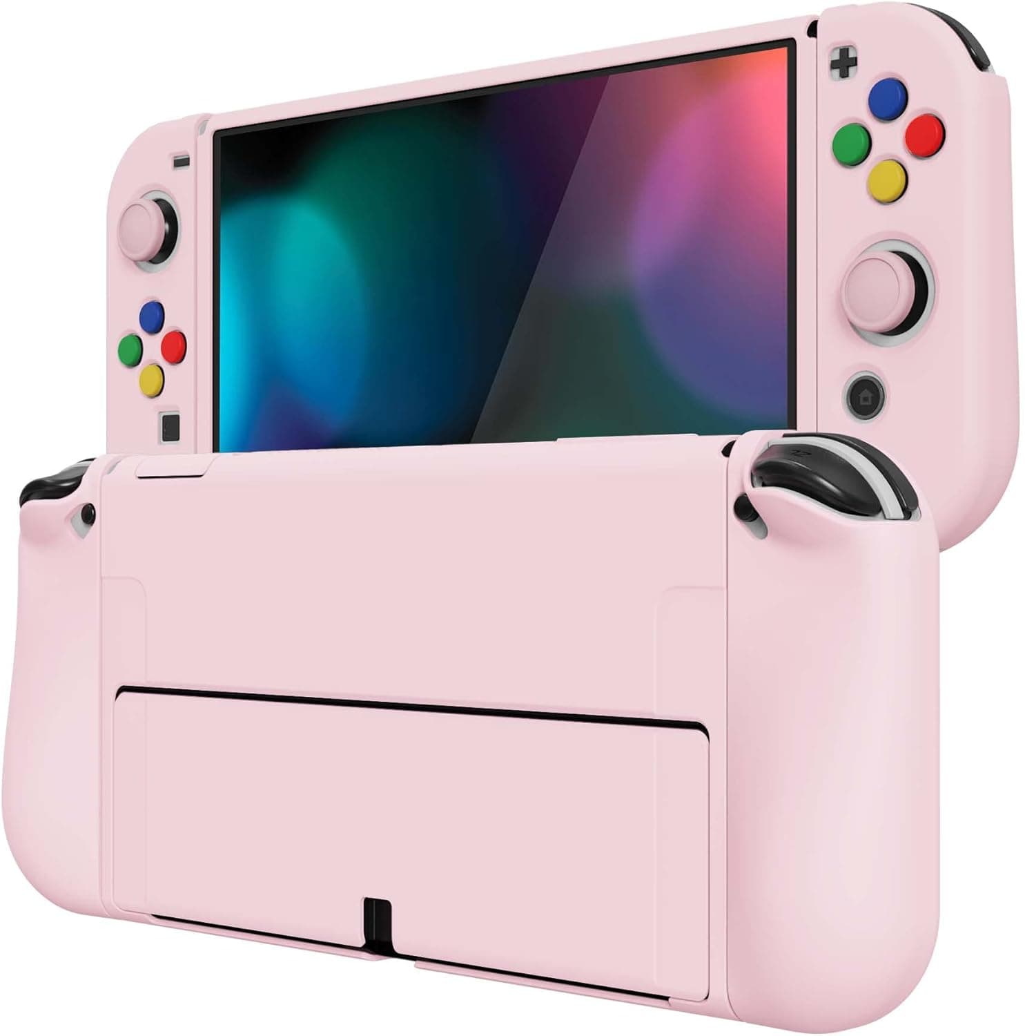 PlayVital ZealProtect Soft Protective Case for Nintendo Switch OLED, Flexible Protector Joycon Grip Cover for Nintendo Switch OLED with Thumb Grips & ABXY Direction Button Caps - Cherry Blossoms Pink