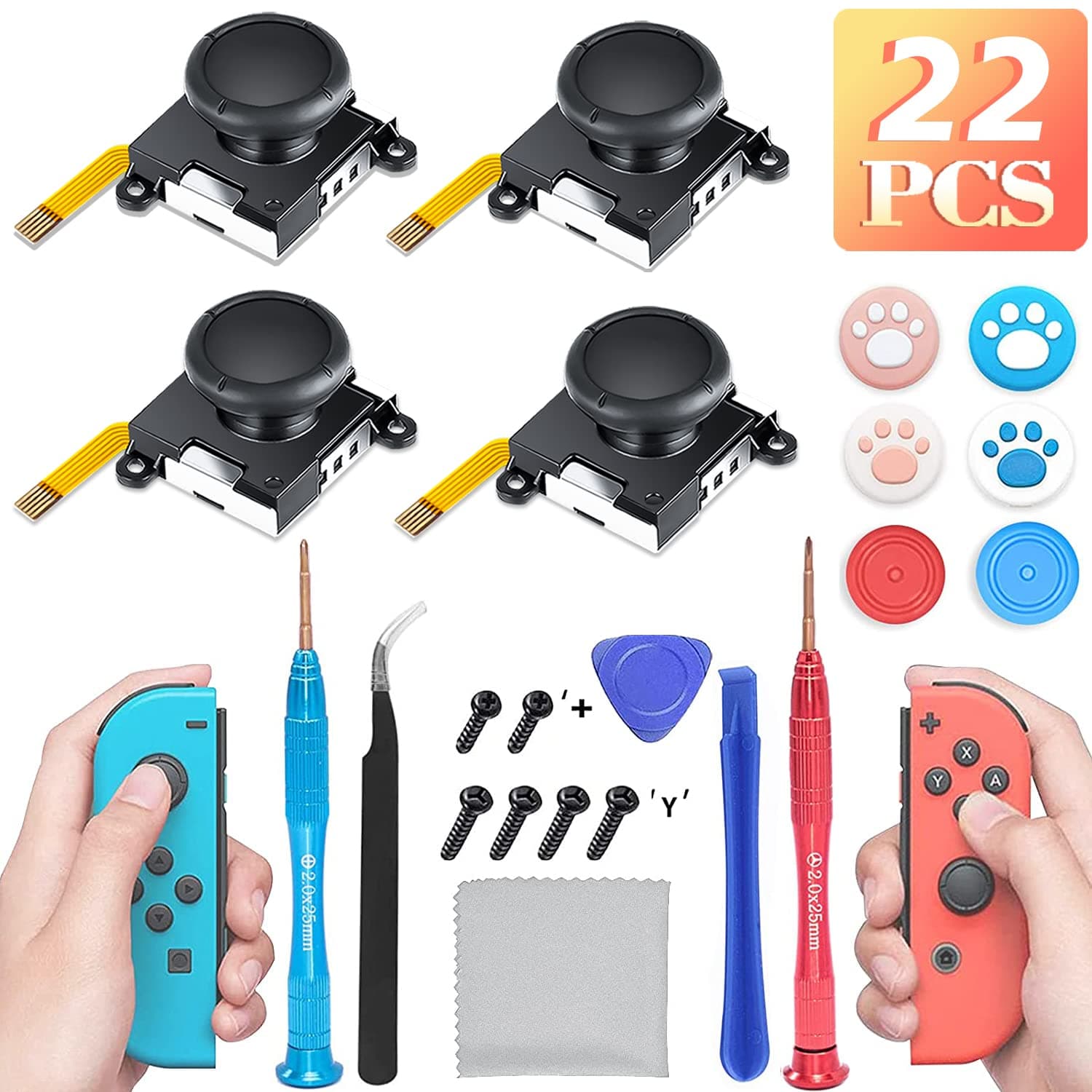 (4 Pack)Joycon Joystick Replacement,Original Replacement Joystick for Nintendo Switch Joycon and Switch Lite Repair Tool Kit,Joy Con Repair Kit Include , Screwdrivers, Pry Tools, Thumb Grips Caps