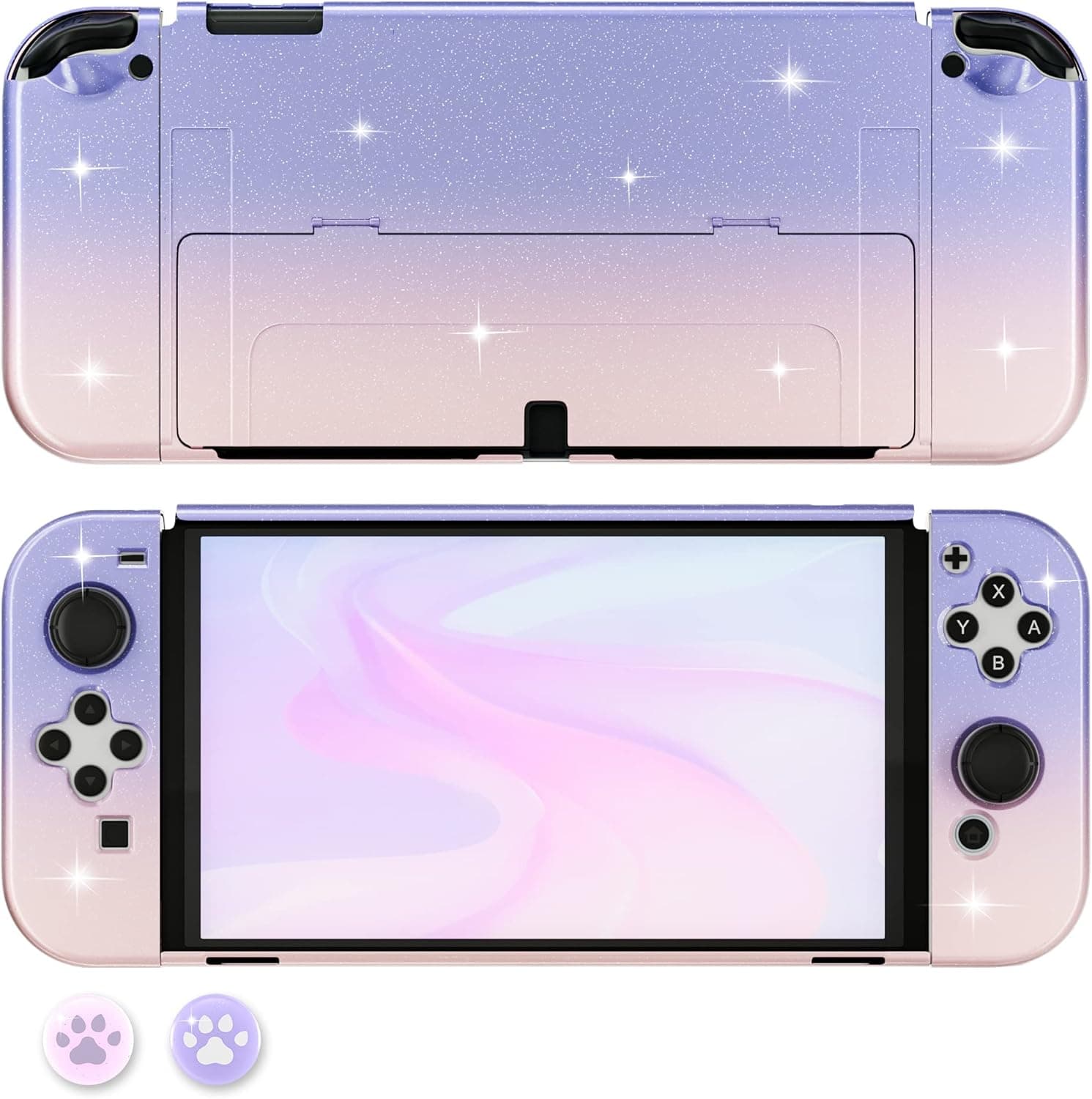 FUNDIARY Glitter Cover Case for Nintendo Switch OLED with Gradient Design, Cute Protective Shell Dockable Case for Switch OLED and Joycon Controller with 2 Paw Thumb Caps (Pink and Purple)